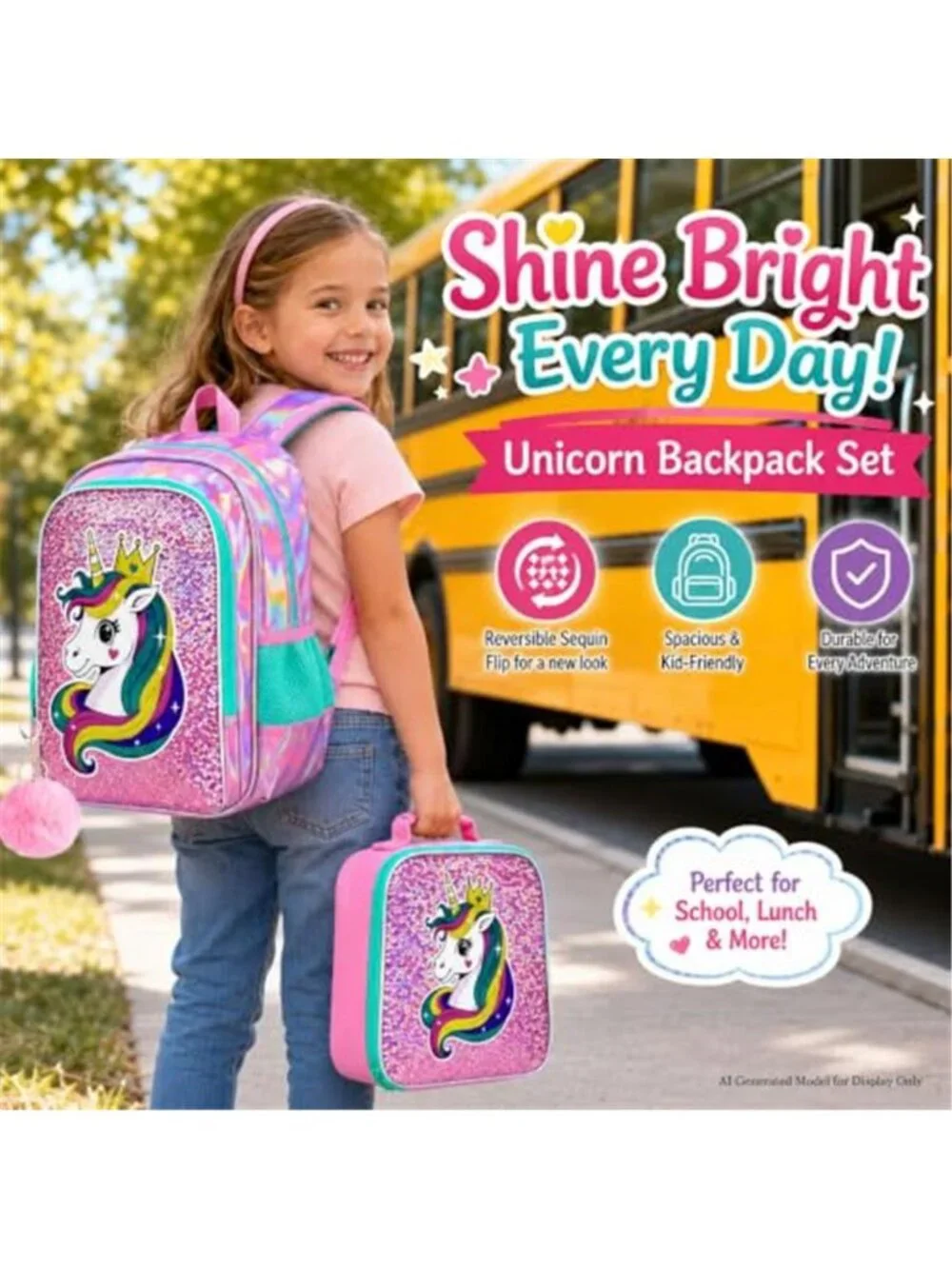 3Pcs Kids Sequin Unicorn Backpack Bookbag with Lunch Box, 16”